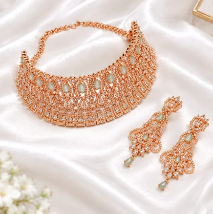 Rose Gold Plated Choker Necklace Set with Mint Green Stone Earrings