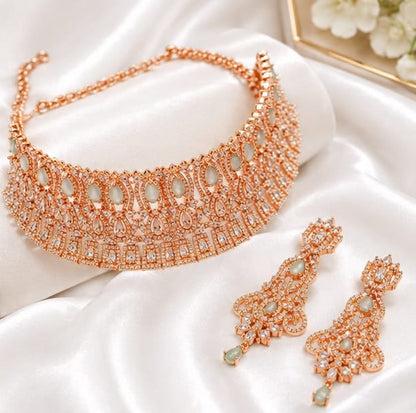 Rose Gold Plated Choker Necklace Set with Mint Green Stone Earrings