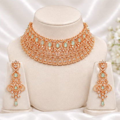 Rose Gold Plated Choker Necklace Set with Mint Green Stone Earrings