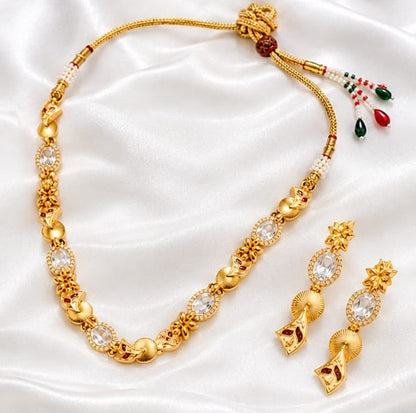 Traditional Gold Tone Necklace Set with White Stone Floral Design and Matching Drop Earrings