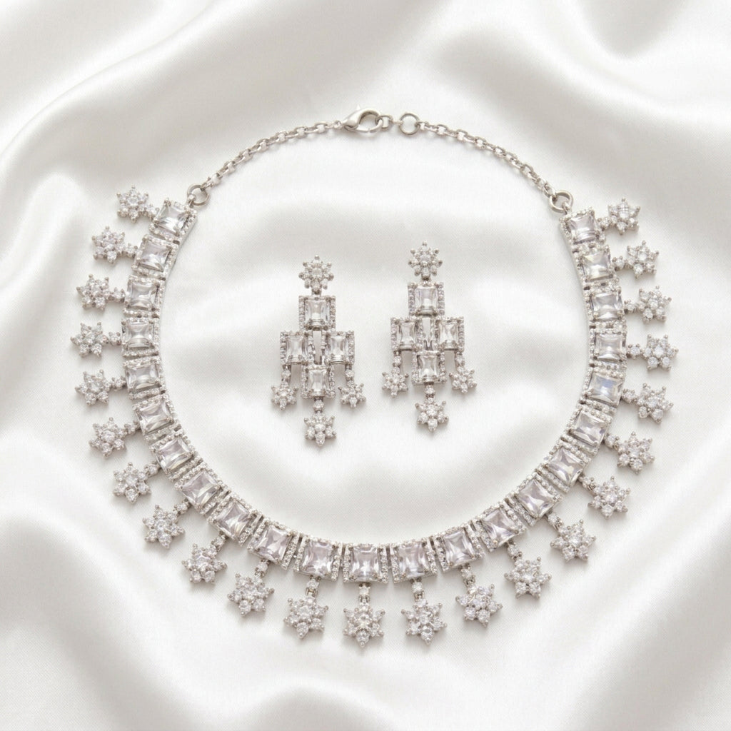 Elegant Silver-Tone CZ Stone Necklace Set with Matching Dangle Earrings