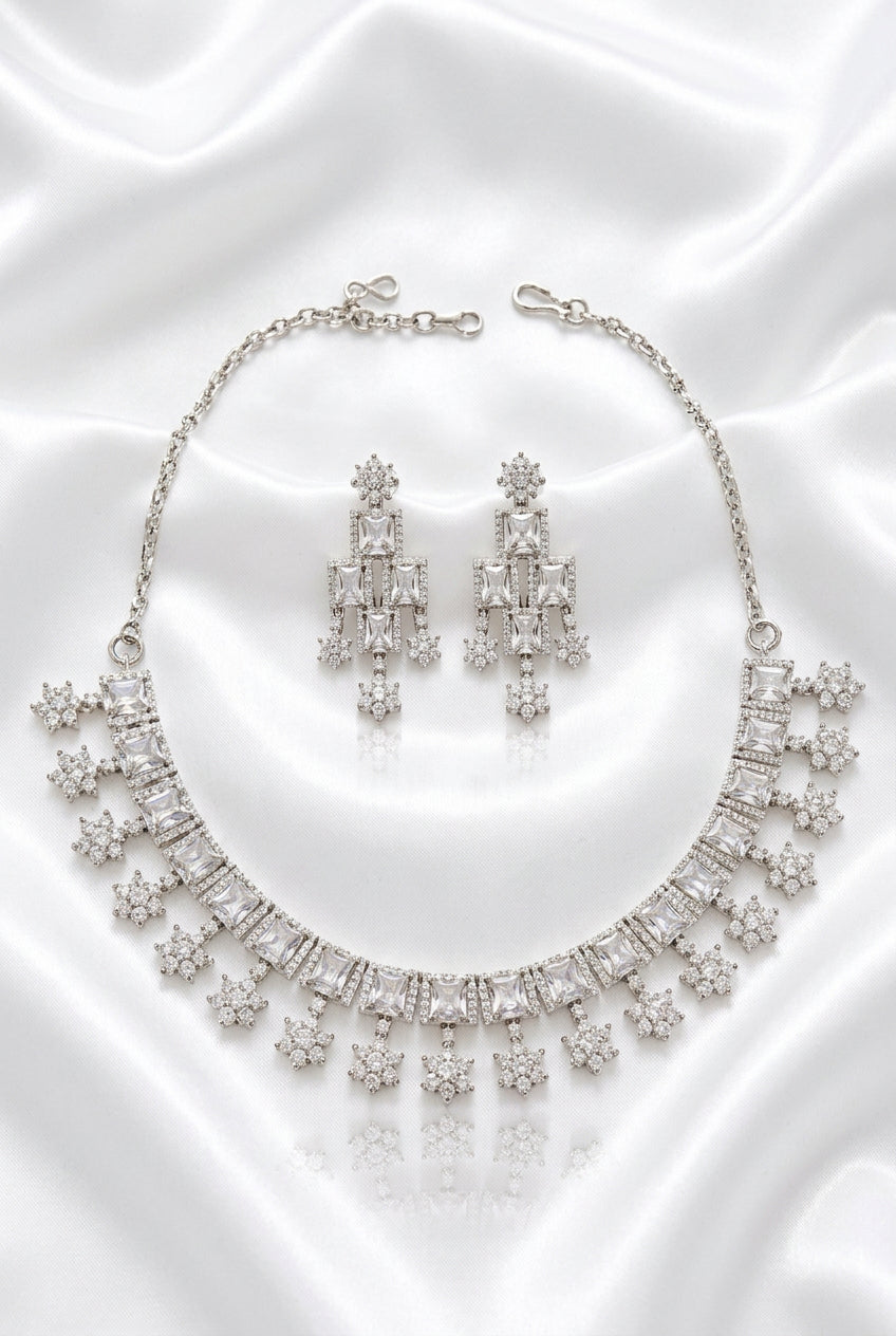 Elegant Silver-Tone CZ Stone Necklace Set with Matching Dangle Earrings