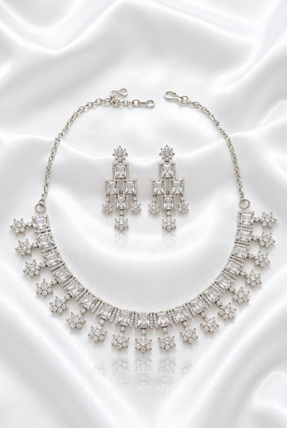 Elegant Silver-Tone CZ Stone Necklace Set with Matching Dangle Earrings