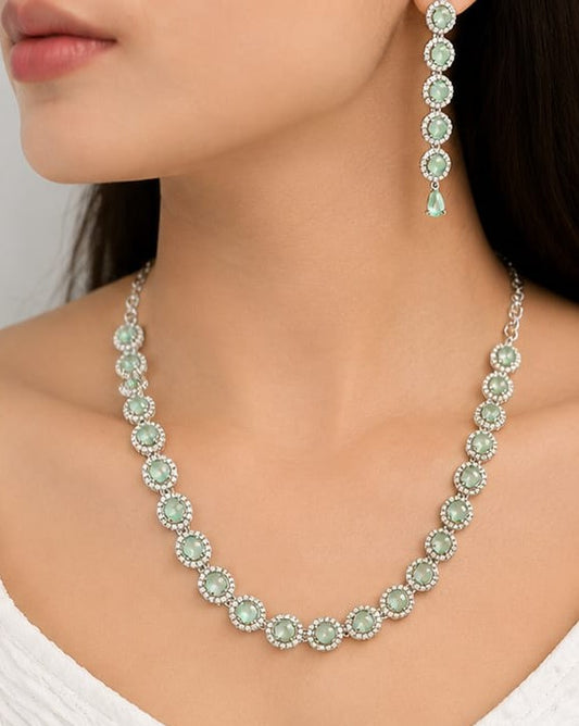 Mint Green & Silver-Plated Cubic Zirconia Necklace Set with Matching Drop Earrings