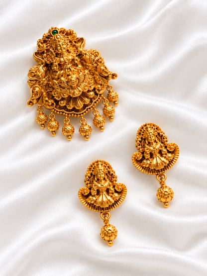 Antique Gold Lakshmi Pendant and Earring Set | Traditional Temple Jewelry