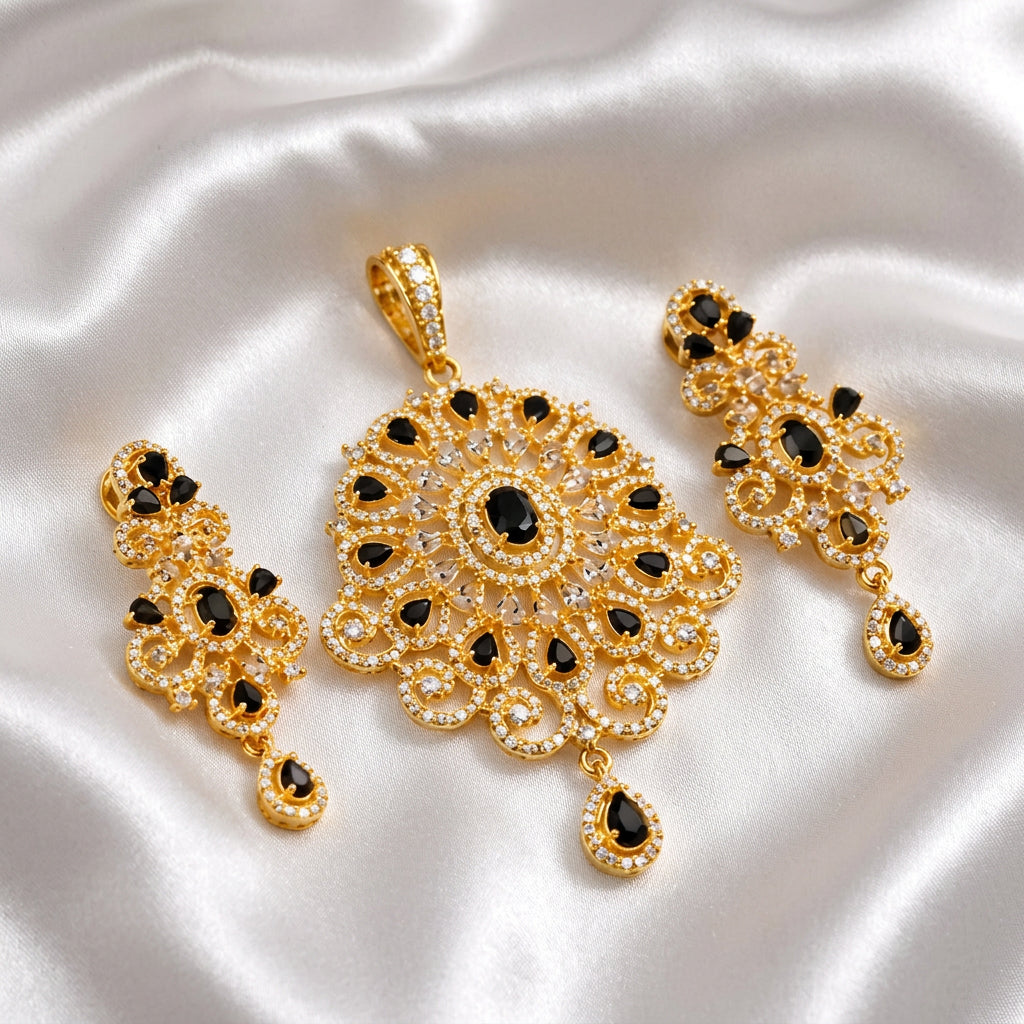Gold Plated Black Stone Pendant and Earring Set – Traditional Bridal Jewelry