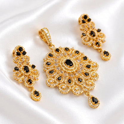 Gold Plated Black Stone Pendant and Earring Set – Traditional Bridal Jewelry