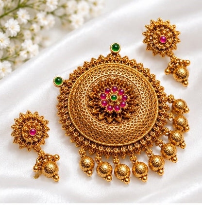 Antique Gold Plated Floral Circular Pendant Set with Ruby Pink & Emerald Green Kemp Stones