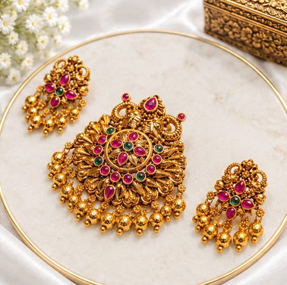 Antique Gold Plated Floral Peacock Temple Pendant Set with Ruby-Emerald Stones & Matching Earrings