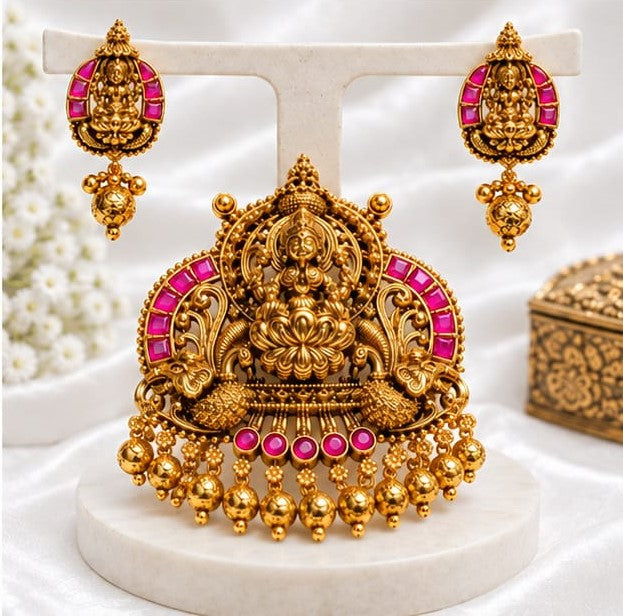 Antique Gold Plated Arch Temple Pendant Set with Goddess Lakshmi, Peacocks & Ruby-Emerald Stone