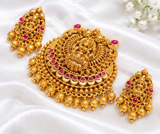Traditional Antique Gold Lakshmi Pendant Set with Ruby Pink Stones – Temple Jewellery