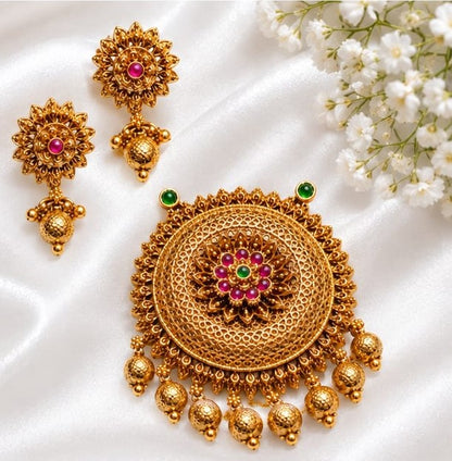 Antique Gold Plated Floral Circular Pendant Set with Ruby Pink & Emerald Green Kemp Stones