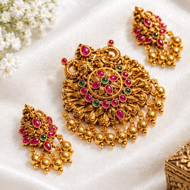 Antique Gold Plated Floral Peacock Temple Pendant Set with Ruby-Emerald Stones & Matching Earrings