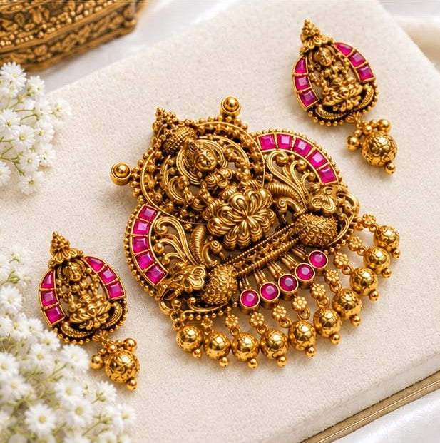 Antique Gold Plated Arch Temple Pendant Set with Goddess Lakshmi, Peacocks & Ruby-Emerald Stone