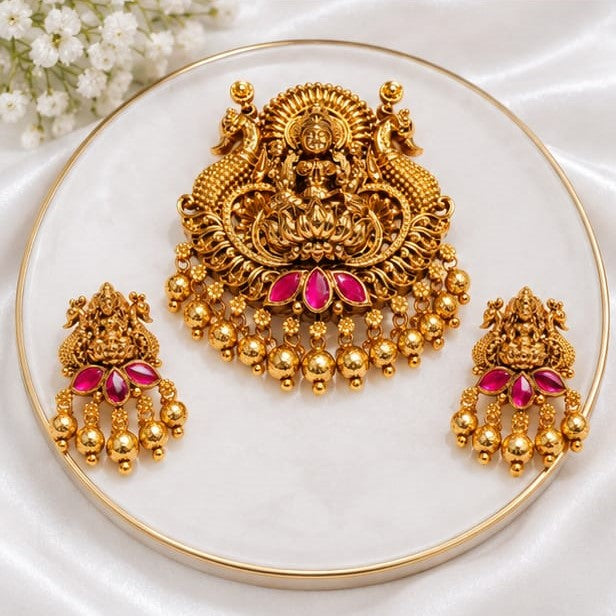 Antique Gold Plated Goddess Lakshmi Temple Pendant Set with Peacock Motifs & Ruby-Emerald Stones