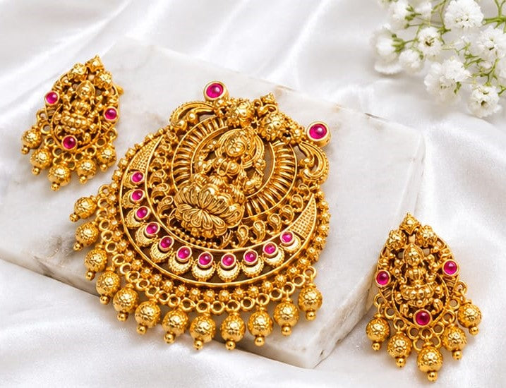 Traditional Antique Gold Lakshmi Pendant Set with Ruby Pink Stones – Temple Jewellery
