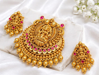 Traditional Antique Gold Lakshmi Pendant Set with Ruby Pink Stones – Temple Jewellery