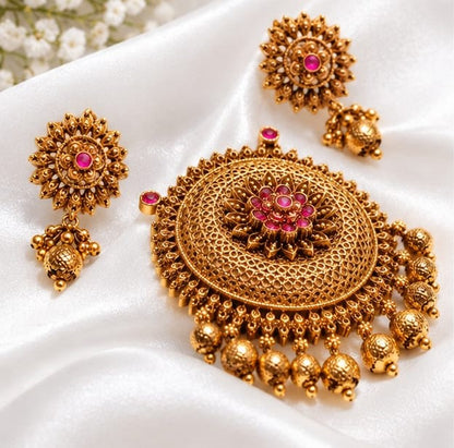Antique Gold Plated Floral Circular Pendant Set with Ruby Pink & Emerald Green Kemp Stones