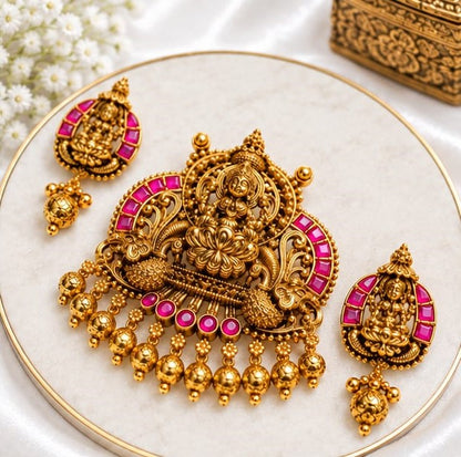 Antique Gold Plated Arch Temple Pendant Set with Goddess Lakshmi, Peacocks & Ruby-Emerald Stone