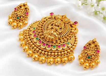 Traditional Antique Gold Lakshmi Pendant Set with Ruby Pink Stones – Temple Jewellery