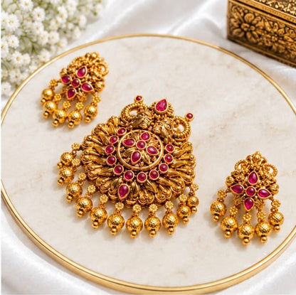 Antique Gold Plated Floral Peacock Temple Pendant Set with Ruby-Emerald Stones & Matching Earrings