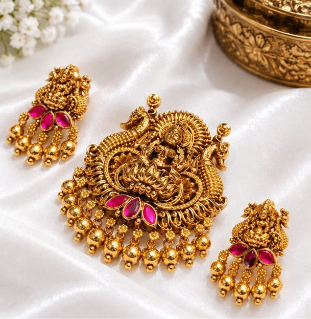 Antique Gold Plated Goddess Lakshmi Temple Pendant Set with Peacock Motifs & Ruby-Emerald Stones