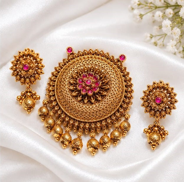 Antique Gold Plated Floral Circular Pendant Set with Ruby Pink & Emerald Green Kemp Stones