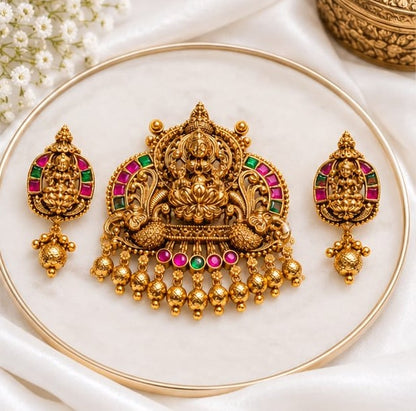 Antique Gold Plated Arch Temple Pendant Set with Goddess Lakshmi, Peacocks & Ruby-Emerald Stone