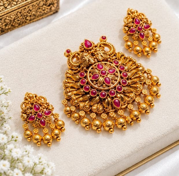 Antique Gold Plated Floral Peacock Temple Pendant Set with Ruby-Emerald Stones & Matching Earrings
