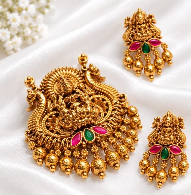 Antique Gold Plated Goddess Lakshmi Temple Pendant Set with Peacock Motifs & Ruby-Emerald Stones