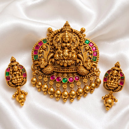 Antique Gold Plated Arch Temple Pendant Set with Goddess Lakshmi, Peacocks & Ruby-Emerald Stone