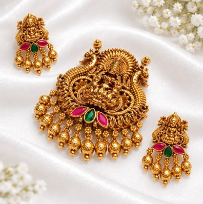 Antique Gold Plated Goddess Lakshmi Temple Pendant Set with Peacock Motifs & Ruby-Emerald Stones