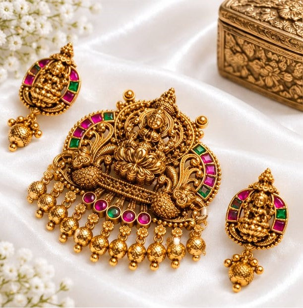 Antique Gold Plated Arch Temple Pendant Set with Goddess Lakshmi, Peacocks & Ruby-Emerald Stone