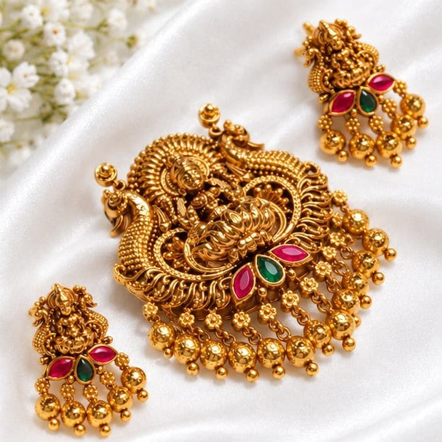 Antique Gold Plated Goddess Lakshmi Temple Pendant Set with Peacock Motifs & Ruby-Emerald Stones