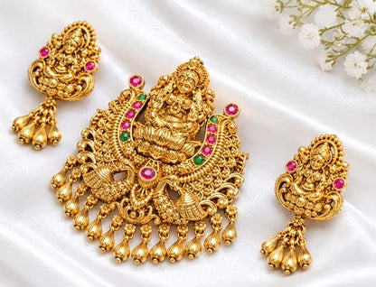 Traditional Gold Plated Lakshmi Temple Necklace Pendant Set with Pink and Green Stones