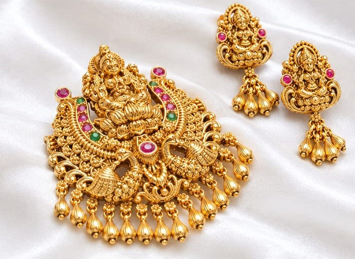 Traditional Gold Plated Lakshmi Temple Necklace Pendant Set with Pink and Green Stones