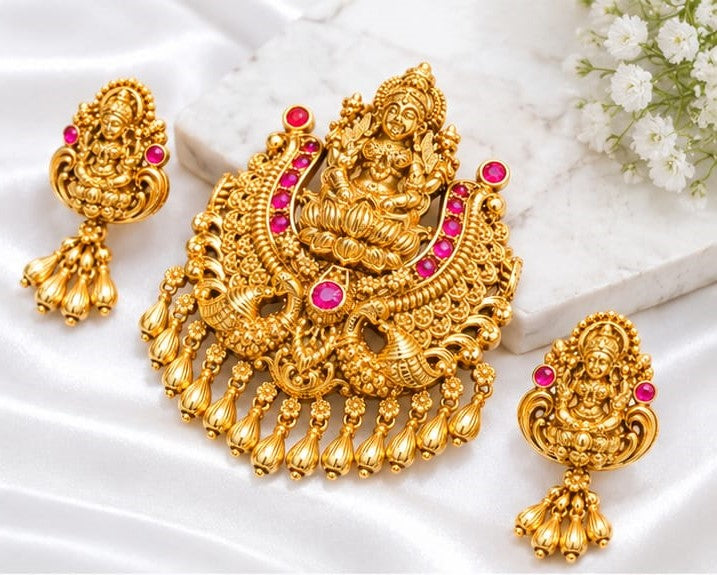 Traditional Gold Plated Lakshmi Temple Necklace Pendant Set with Pink and Green Stones
