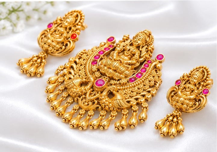 Traditional Gold Plated Lakshmi Temple Necklace Pendant Set with Pink and Green Stones