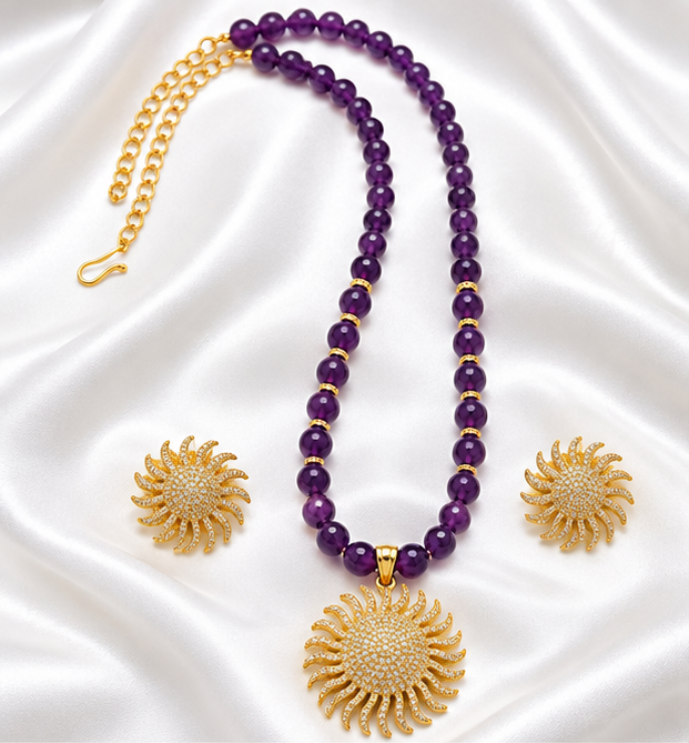 Purple Beaded Necklace Set with Gold-Tone Sunburst Pendant and Matching Stud Earrings