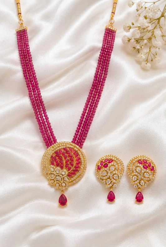 Ruby  Beaded Kundan Necklace Set with Matching Ruby Stone Earrings – Gold Finish Traditional Jewellery