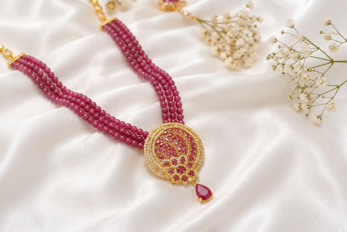 Ruby  Beaded Kundan Necklace Set with Matching Ruby Stone Earrings – Gold Finish Traditional Jewellery