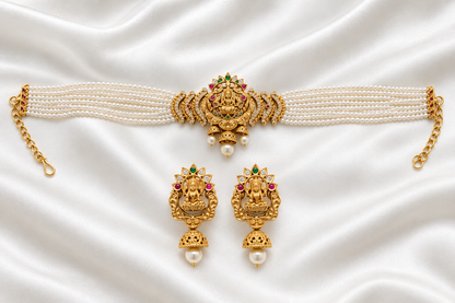 Traditional Gold Plated Lakshmi Pearl Choker Necklace Set with Matching Jhumka Earrings