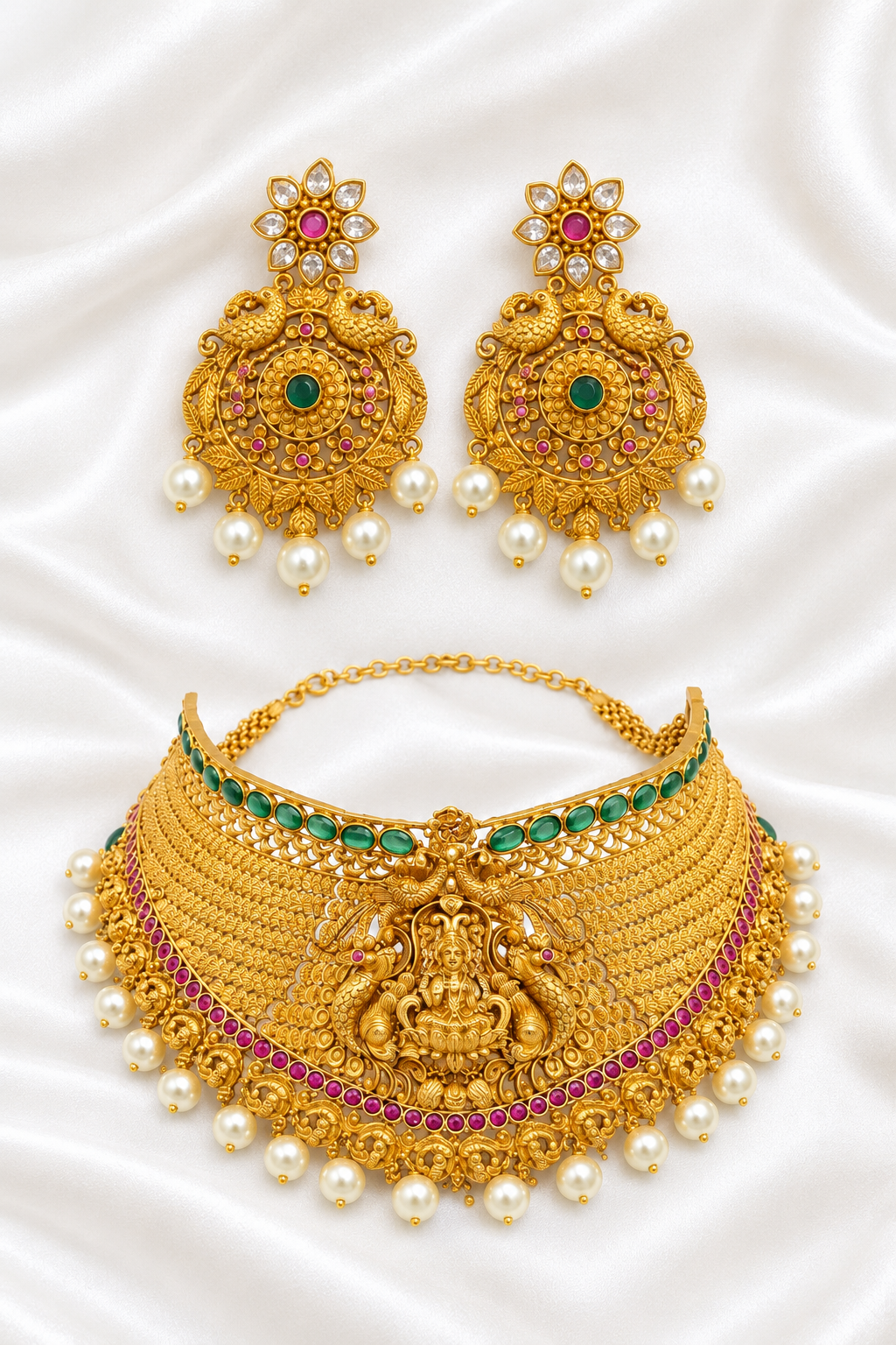 Traditional Gold Temple Jewellery Set with Pearl Drops – Lakshmi Choker Necklace and Matching Earrings