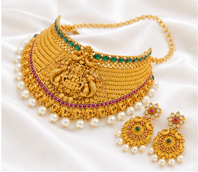 Traditional Gold Temple Jewellery Set with Pearl Drops – Lakshmi Choker Necklace and Matching Earrings