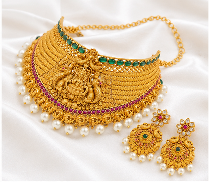 Traditional Gold Temple Jewellery Set with Pearl Drops – Lakshmi Choker Necklace and Matching Earrings