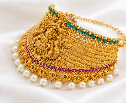 Traditional Gold Temple Jewellery Set with Pearl Drops – Lakshmi Choker Necklace and Matching Earrings