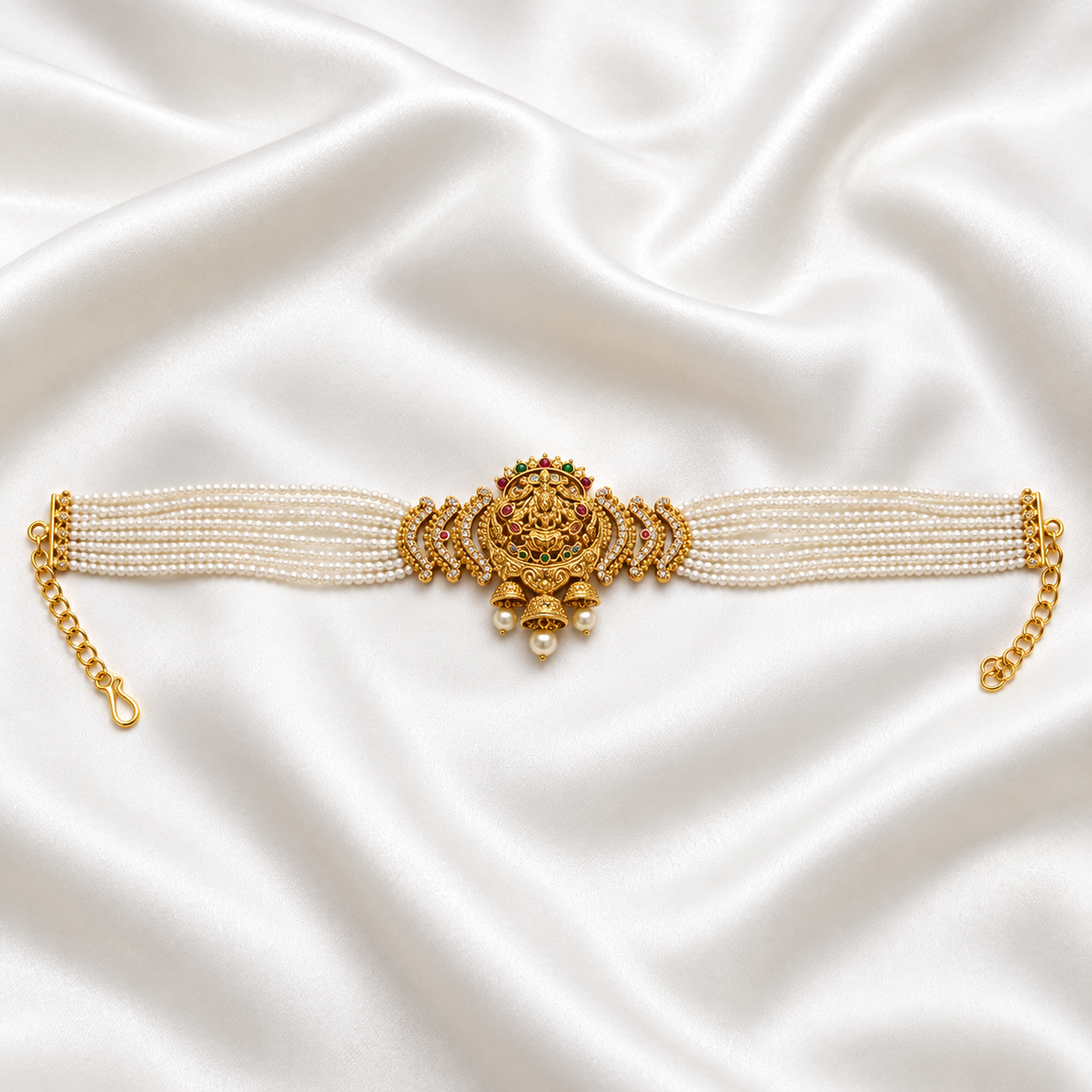 Traditional Gold Plated Lakshmi Pearl Choker Necklace Set with Matching Jhumka Earrings