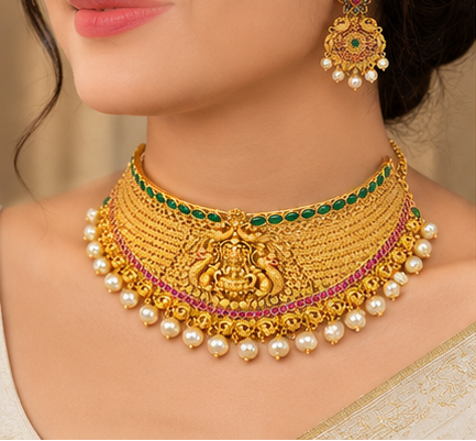 Traditional Gold Temple Jewellery Set with Pearl Drops – Lakshmi Choker Necklace and Matching Earrings