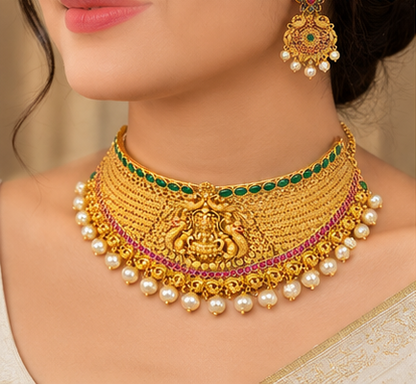 Traditional Gold Temple Jewellery Set with Pearl Drops – Lakshmi Choker Necklace and Matching Earrings