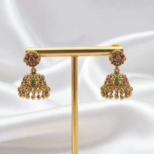 Gold-Plated Antique Small Paisley Stud Multi-Color Stone Jhumkas